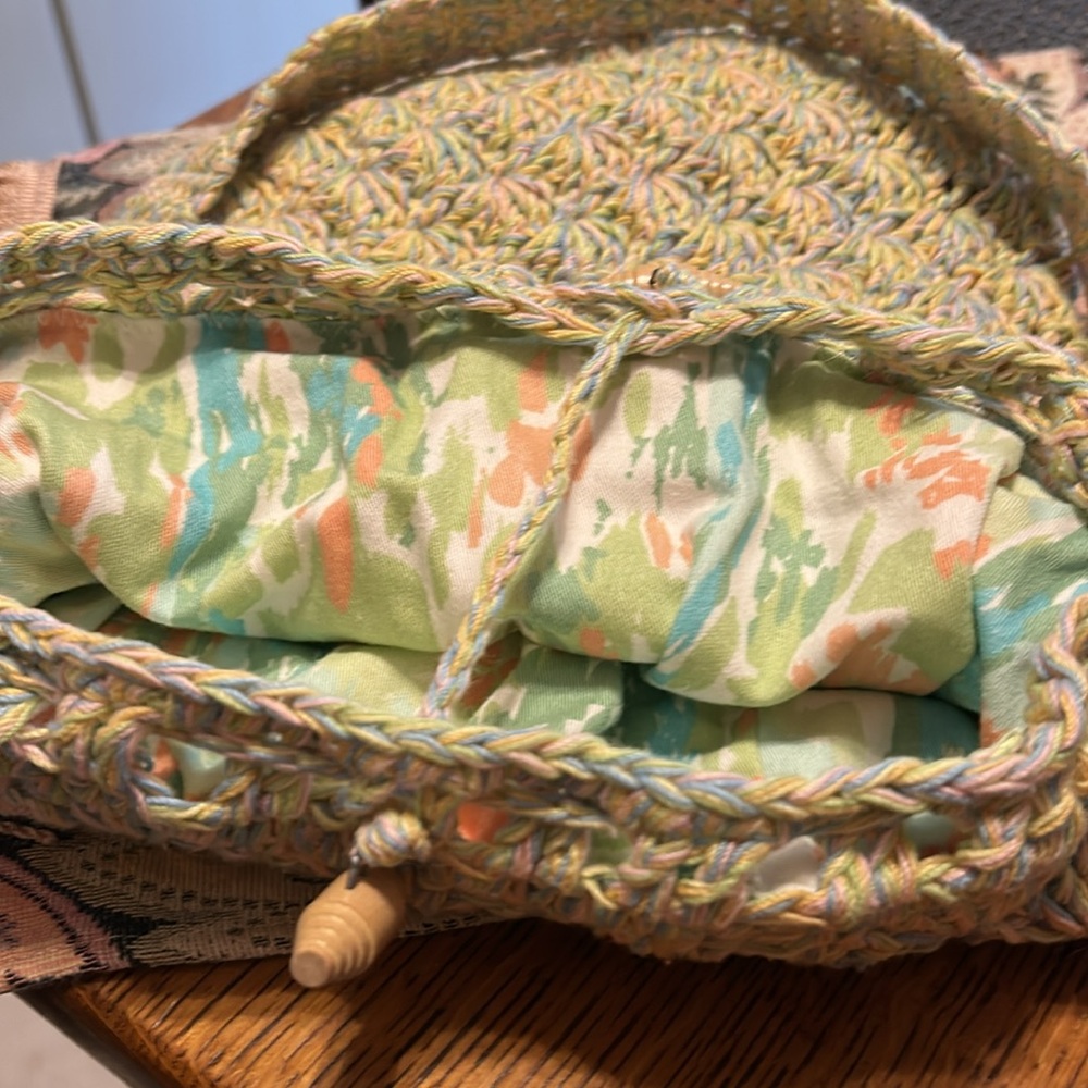 Handcrafted Cross Body Crochet Woven Shoulder Bag - Green Blue Pink and Yellow - Picture 6 of 10